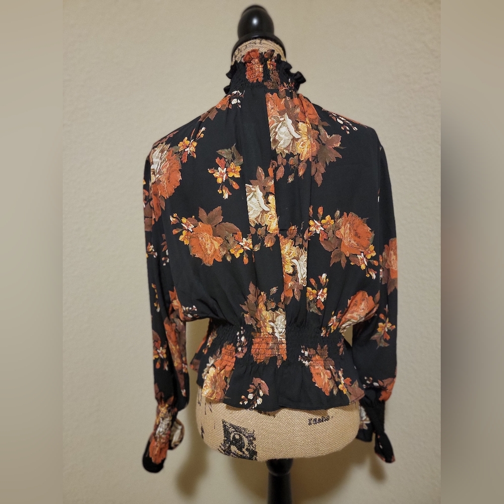(NWT) Shinestar Black and Orange Floral Blouse - Picture 2 of 4